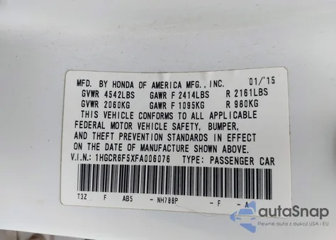 2015 Honda Accord Hybrid Ex-L из США, поврежденный, VIN 1HGCR6F5XFA006076